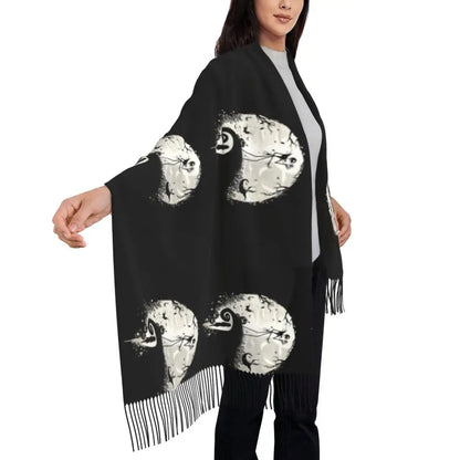 Custom Jack Skellington Sally Tassel Scarf Women Winter Fall Warm Shawls Wraps Ladies The Nightmare Before Christmas Scarves