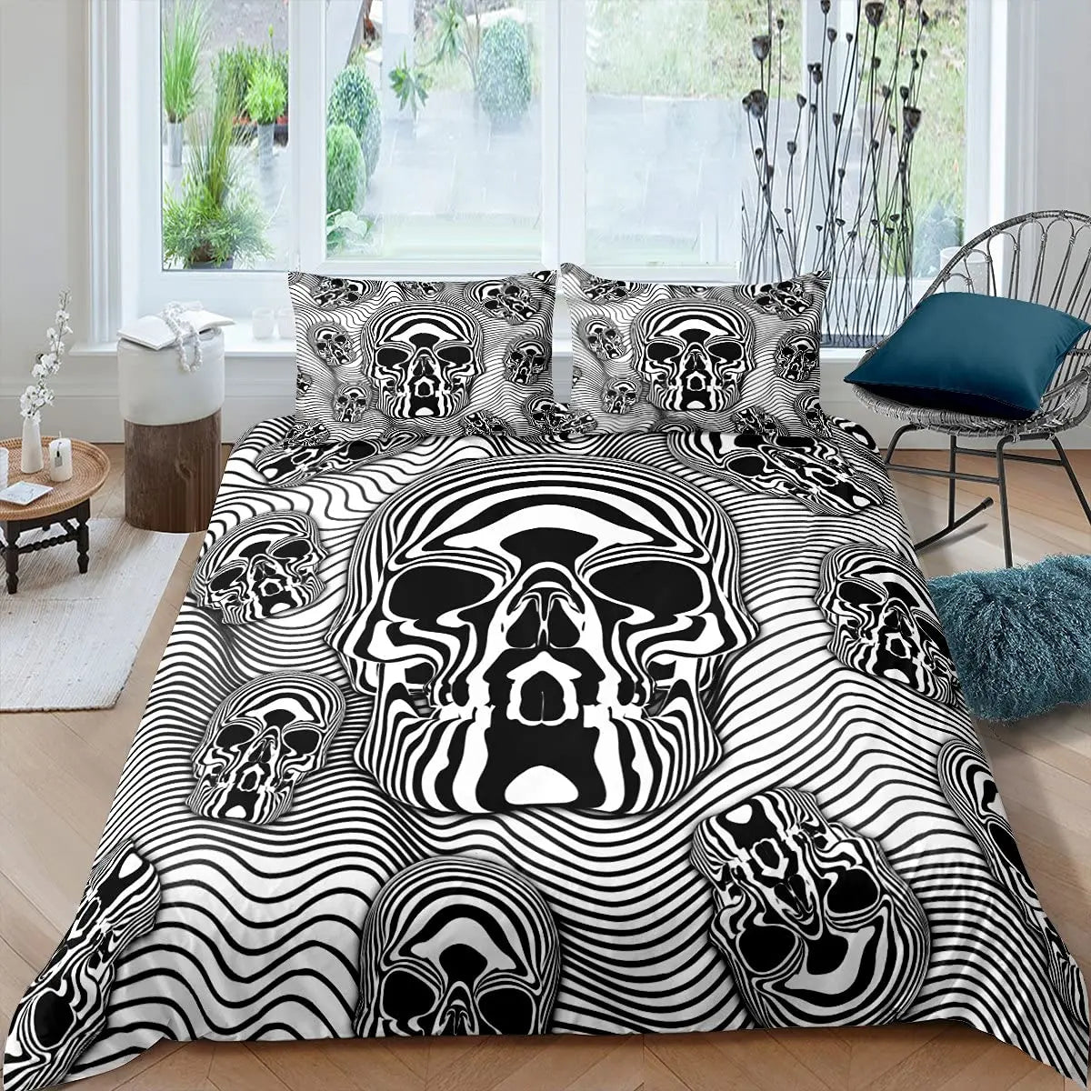 Art Skull Bedding Set Dark Color Gothic King Size Duvet Cover Skeleton Quilt Cover with Pillowcase for Kids Adult Halloween Gift