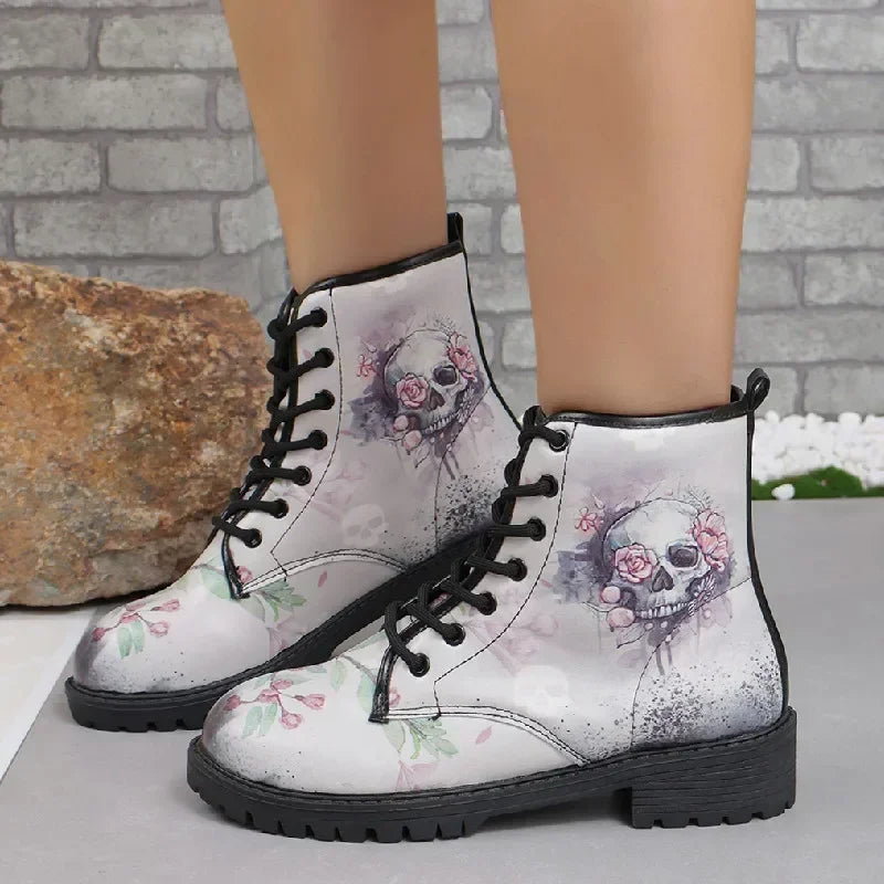 Women's Printed Short Boots Autumn/Winter New Fashion Skull Head Printed Comfortable Casual Shoes Luxury Travel Durable