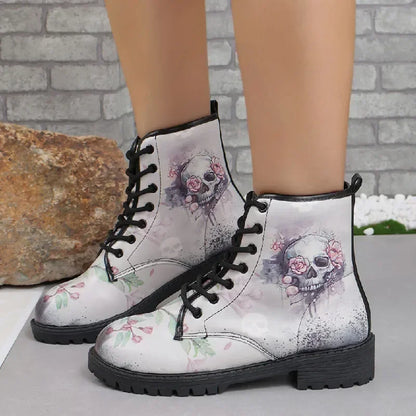 Women's Printed Short Boots Autumn/Winter New Fashion Skull Head Printed Comfortable Casual Shoes Luxury Travel Durable