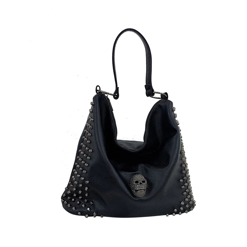 JIEROTYX Punk Skull Women Shoulder Bags Large Capacity Fashion Rivet Ladies Handbag Black Leather PU Tote Cossbody Great Quality