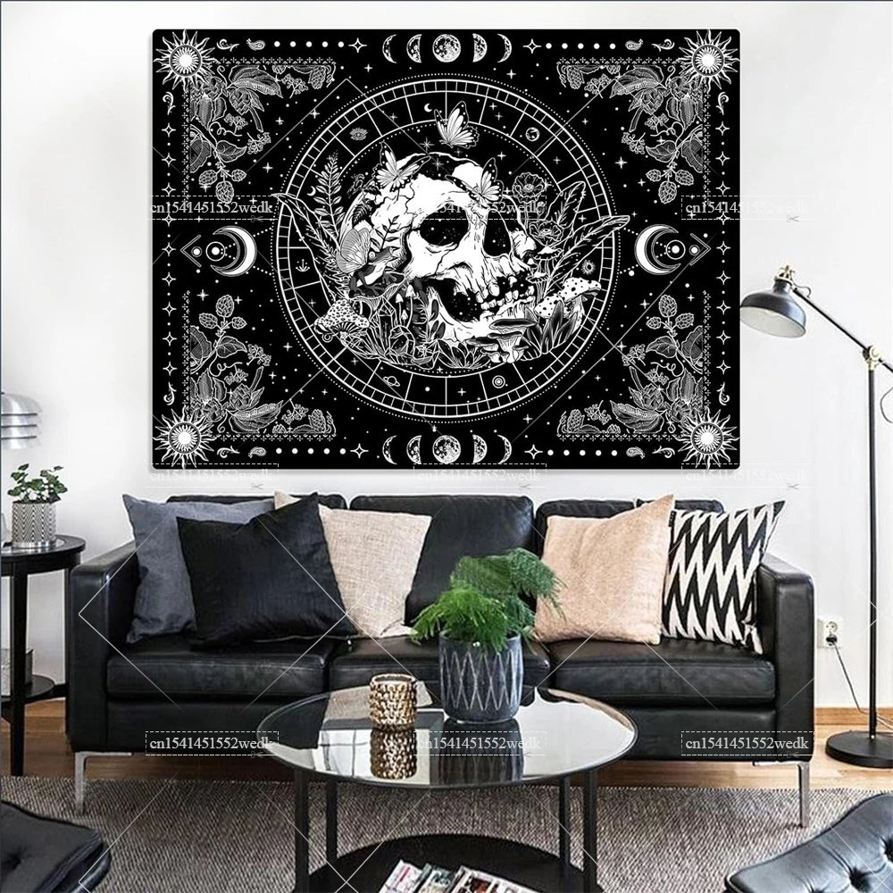 Black and White Skeleton Tapestry Skull Mushroom Tapestry Wall Hanging Aesthetic Plants Floral Flowers Tapestries For Bedroom