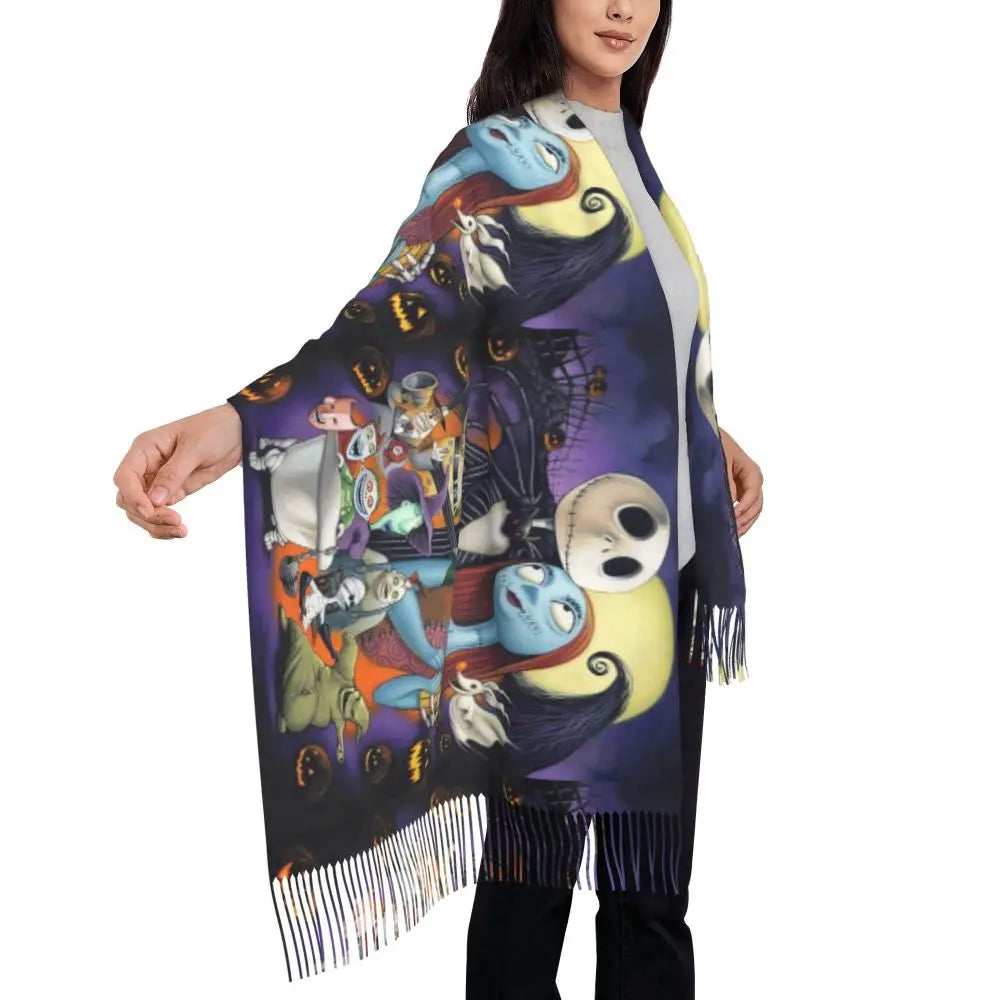 Custom Jack Skellington Sally Tassel Scarf Women Winter Fall Warm Shawls Wraps Ladies The Nightmare Before Christmas Scarves