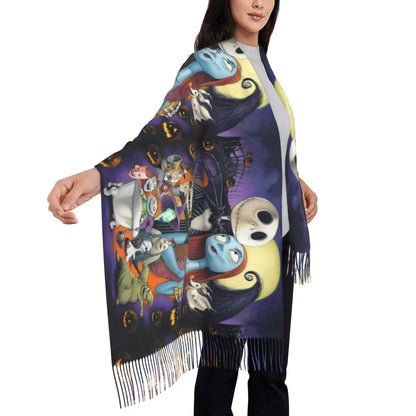 Custom Jack Skellington Sally Tassel Scarf Women Winter Fall Warm Shawls Wraps Ladies The Nightmare Before Christmas Scarves