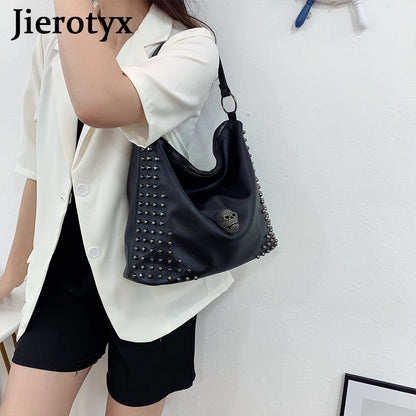 JIEROTYX Punk Skull Women Shoulder Bags Large Capacity Fashion Rivet Ladies Handbag Black Leather PU Tote Cossbody Great Quality