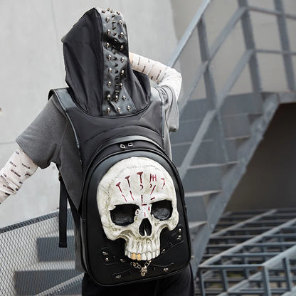 Man 3D Embossed Skull Punk Rock Gothic Leather Backpack Rivets Laptop Travel Soft Backpack With Hood Cap Women Grils Bag Hiphop