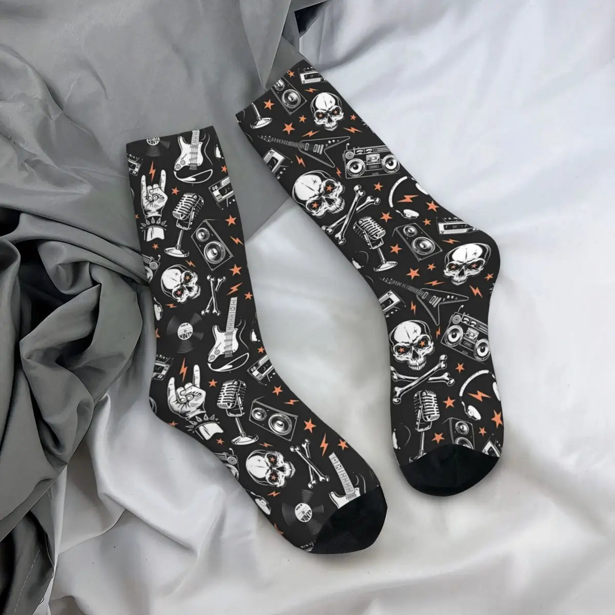 Skulls Grunge Happy Men's Socks Retro Rock And Roll Music Harajuku Casual Crew Sock Gift Pattern Printed