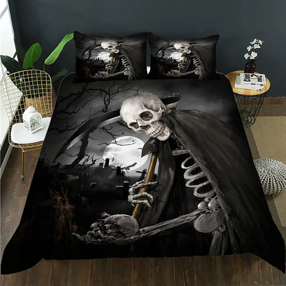 Art Skull Bedding Set Dark Color Gothic King Size Duvet Cover Skeleton Quilt Cover with Pillowcase for Kids Adult Halloween Gift