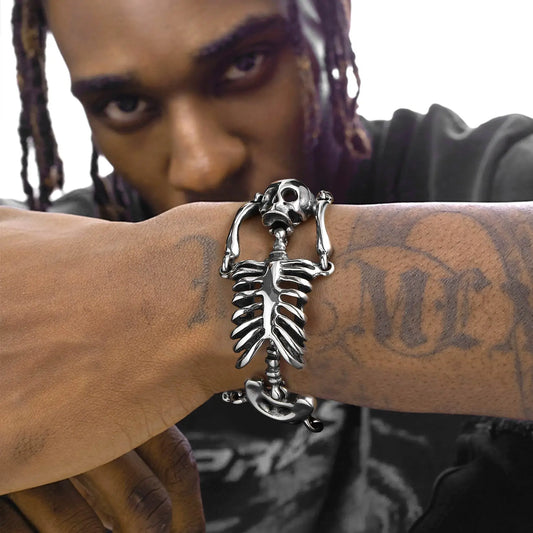 U7 Stainless Steel Gothic Skull Bracelet for Men Steampunk Heavy Skeleton Wristband Chains Halloween Party Accessories