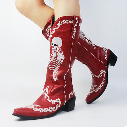 Women Skull Skeleton Selfie Cowboy Western Mid Calf Boots Pointed Toe Slip-On Stacked Heel Goth Punk Autumn Shoes Brand Designer