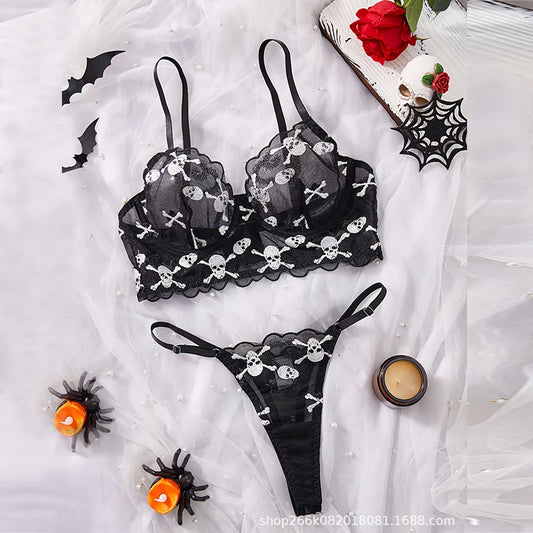 Halloween Lingerie Set Skull Embroidery Mesh Underwear Sexy See through Exotic Sets Push Up Bra   2 Pieces Fantasy Underwear Set