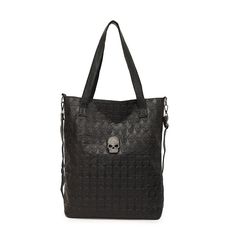 New Black Leather Tide Rivets Big Bag Printing Flower Skull Shoulder Bag Handbag Fashion Leisure Women's Bags