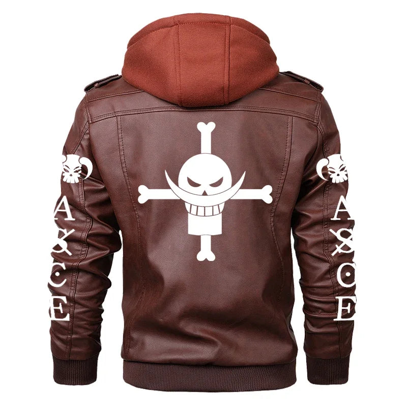 White Beard Skull Print Hooded Leather Jackets Men's Casual Motorcycle PU Jacket Leather Coat EU Size S-5XL