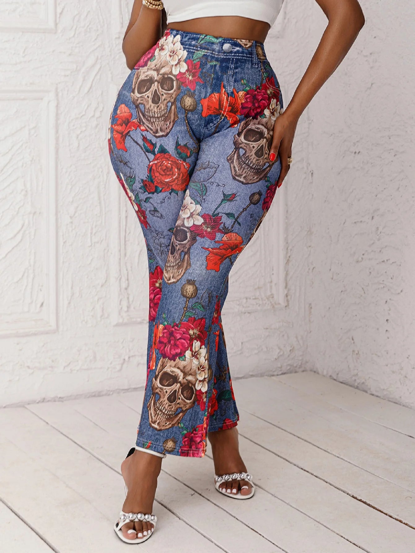 Plus Size Ladies Flared Pants Imitation Denim Skull Head Flower Print Fashion Casual High Elastic Trousers