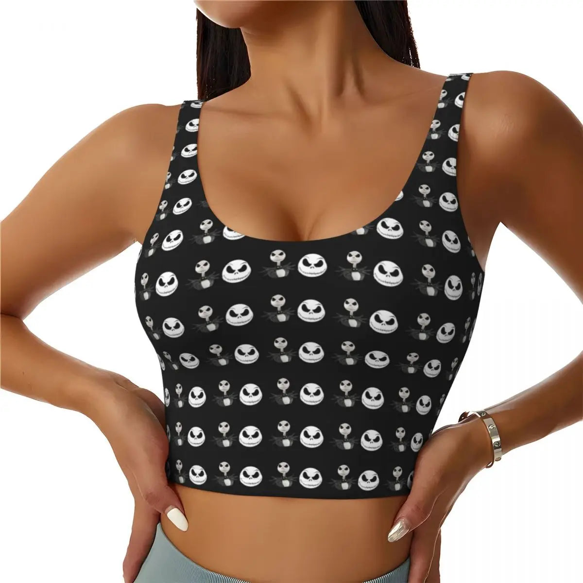 Custom Women's Halloween Skeleton Jack Skellington Sports Bras The Nightmare Before Christmas High Impact Yoga Crop Tank Tops