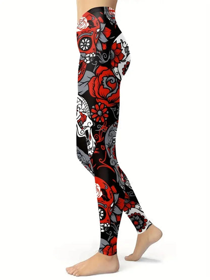 Rose Red & Skull print hip Lift tight waist comfortable stretch casual leggings for women everyday, travel, wear