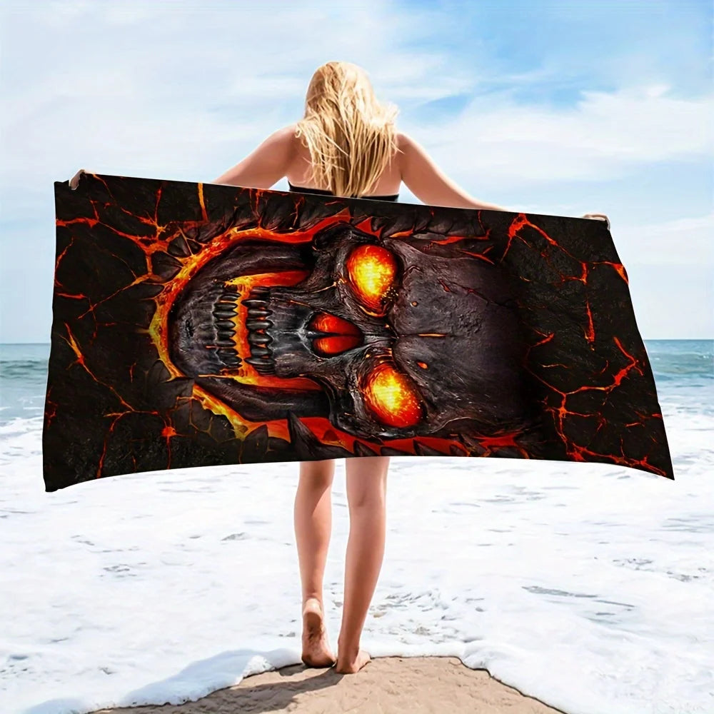 Skull & Flame Beach Towel, Super Soft Absorbent Towel, Volcano Oversized Beach Towel For Bath, Swimming, Camping, Travel