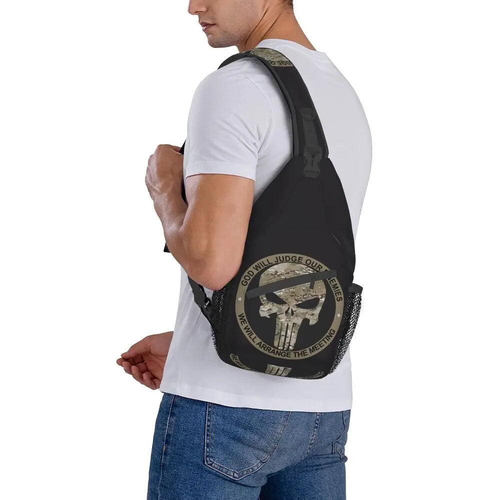 Vintage Skeleton Punishers Skull Crossbody Sling Backpack Men Custom Chest Shoulder Bag for Cycling Camping Daypack