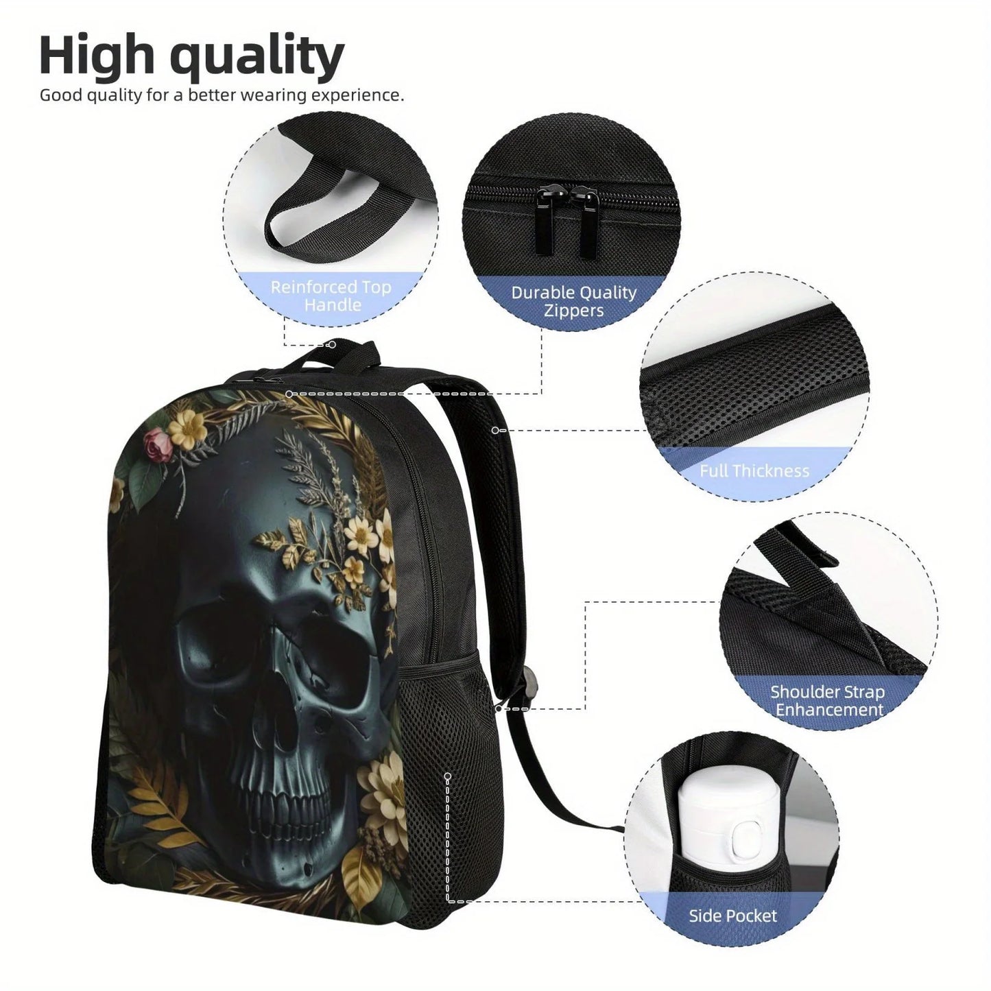 Lightweight Skull Print Adjustable Backpack- Suitable for casual student travel and daily use for both men and women