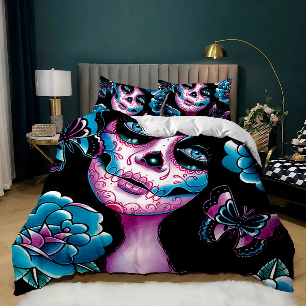 Skull Duvet Cover Red Rose Skeleton Queen Floral Skeleton Traditional Mexican Halloween Double Queen King Polyester Qulit Cover