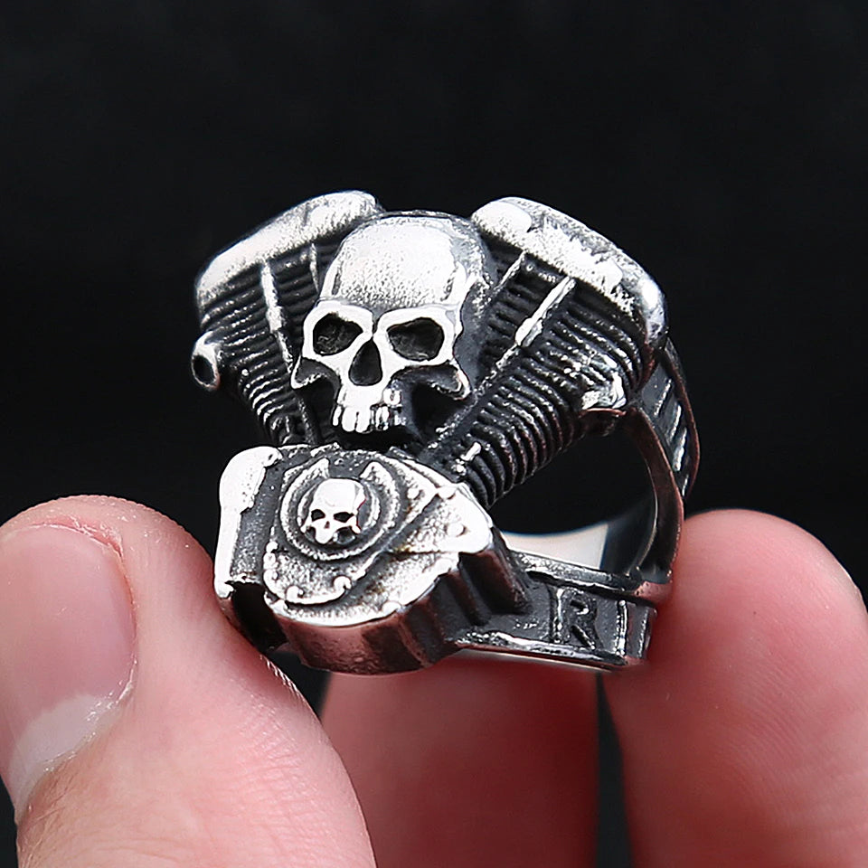 Fashion Vintage Steampunk Motorcycle Engine Skull Rings For Men 316L Stainless Steel Biker Hip Hop Jewelry Gifts Dropshipping