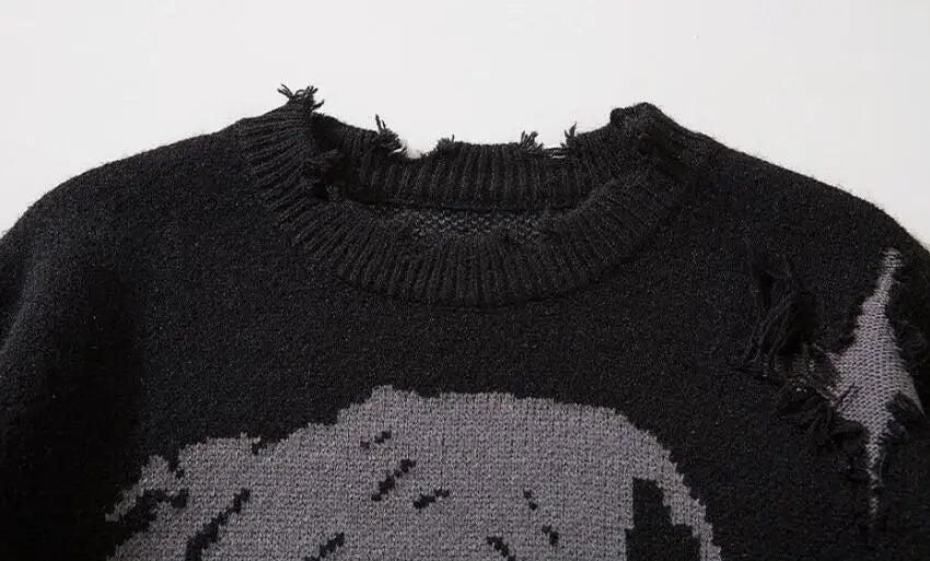 Men's High Street Oversized Hip Hop Sweater With Skull Pattern Streetwear Ripped Knitted Jumpers Loose Fit Y2K Knitwear