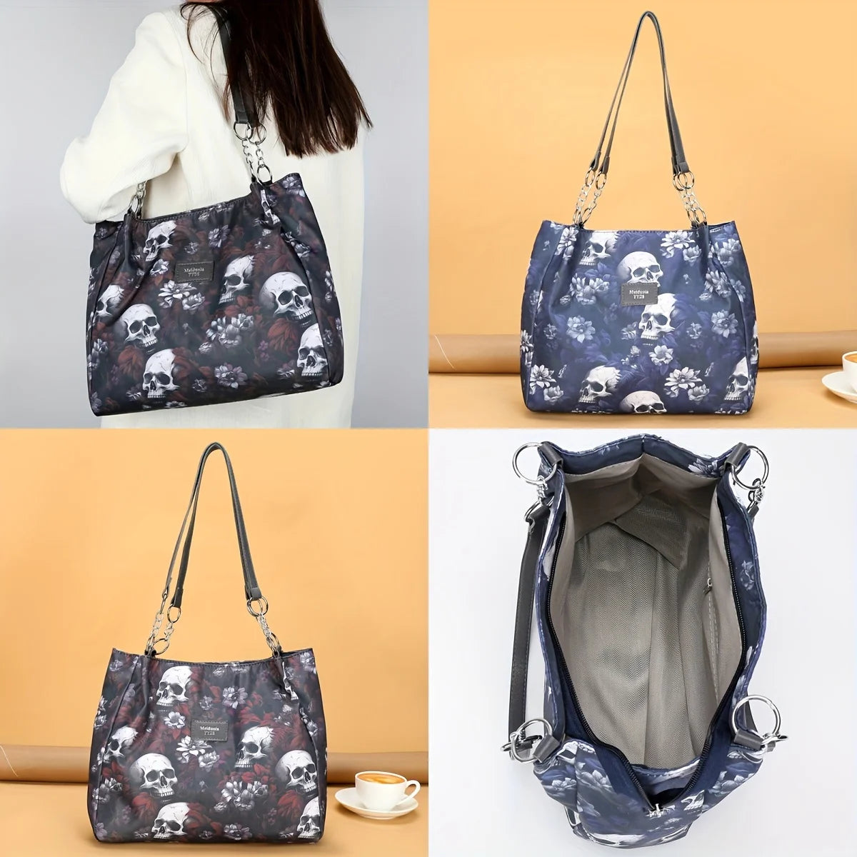 Gothic Skull Pattern Tote Bag, Large Capacity Shoulder Bag, Women's Fashion Handbag for Commute Work