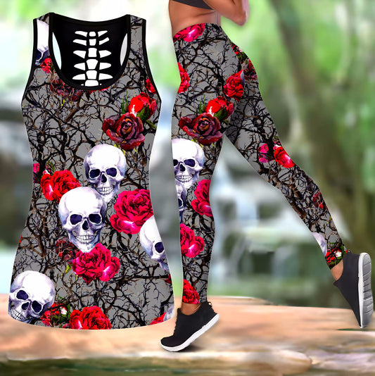 New Sexy Women Elastic Fitness Gym Sport Workout High Waist Leggings Tanks Tops Yoga Pants Sets Halloween Skull Rose 3D Prints