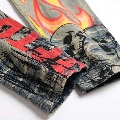 Men Graffiti Print Stretch Denim Jeans Flame Skull Devil Painted Slim Tapered Pants Streetwear Vintage Pockets Cargo Trousers