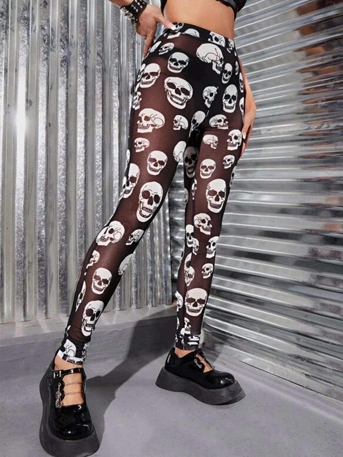 Summer Thin Mesh Breathable Nine Point Pants With Elastic Skull Leggings Fashion Skull Printed Mesh Nine Point Pants Women