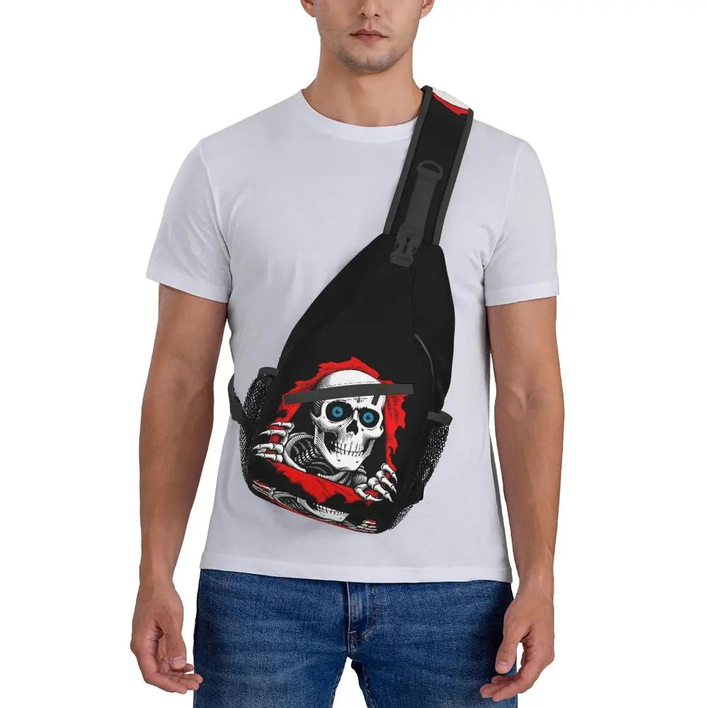 Gothic Skeleton Death Skull Sling Chest Bag Custom Crossbody Shoulder Backpack for Men Cycling Camping Daypack