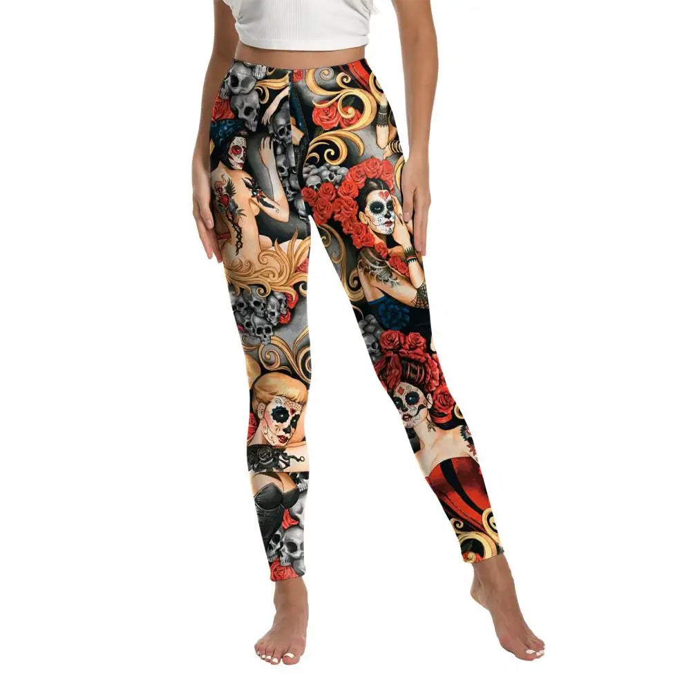 Nadanbao Women's Leggings Day of The Dead Rose Skeleton Fingers 3D Printed High Waisted Sports Pants Tight Fitting Yoga Leggings