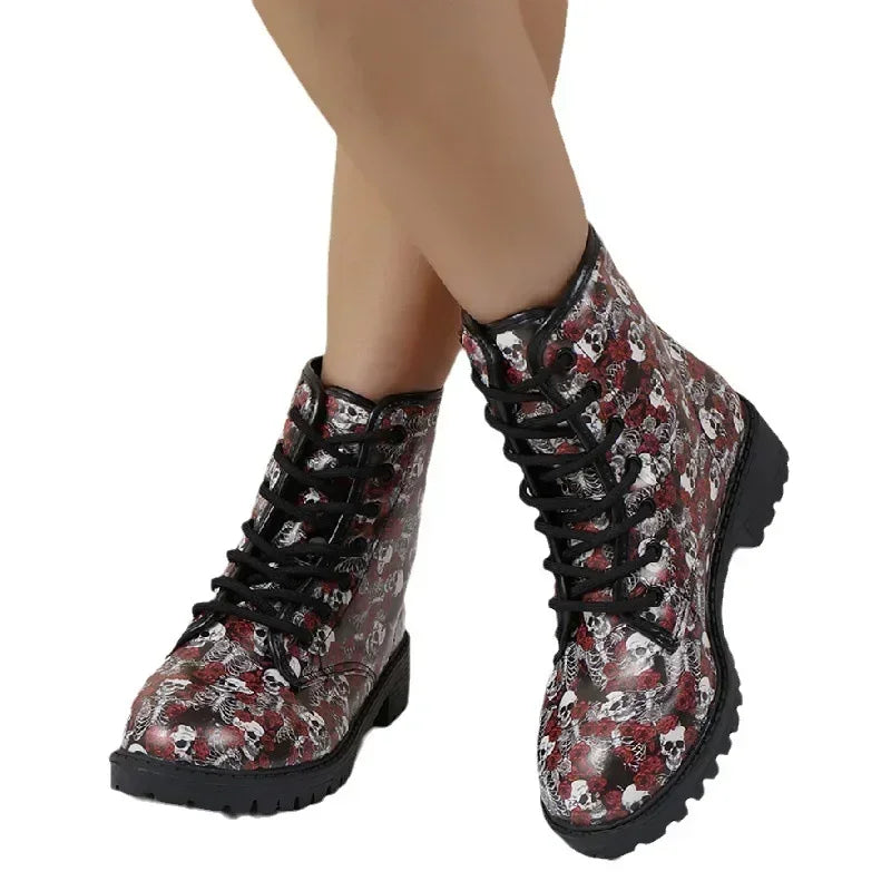 Women's Printed Short Boots Autumn/Winter New Fashion Skull Head Printed Comfortable Casual Shoes Luxury Travel Durable