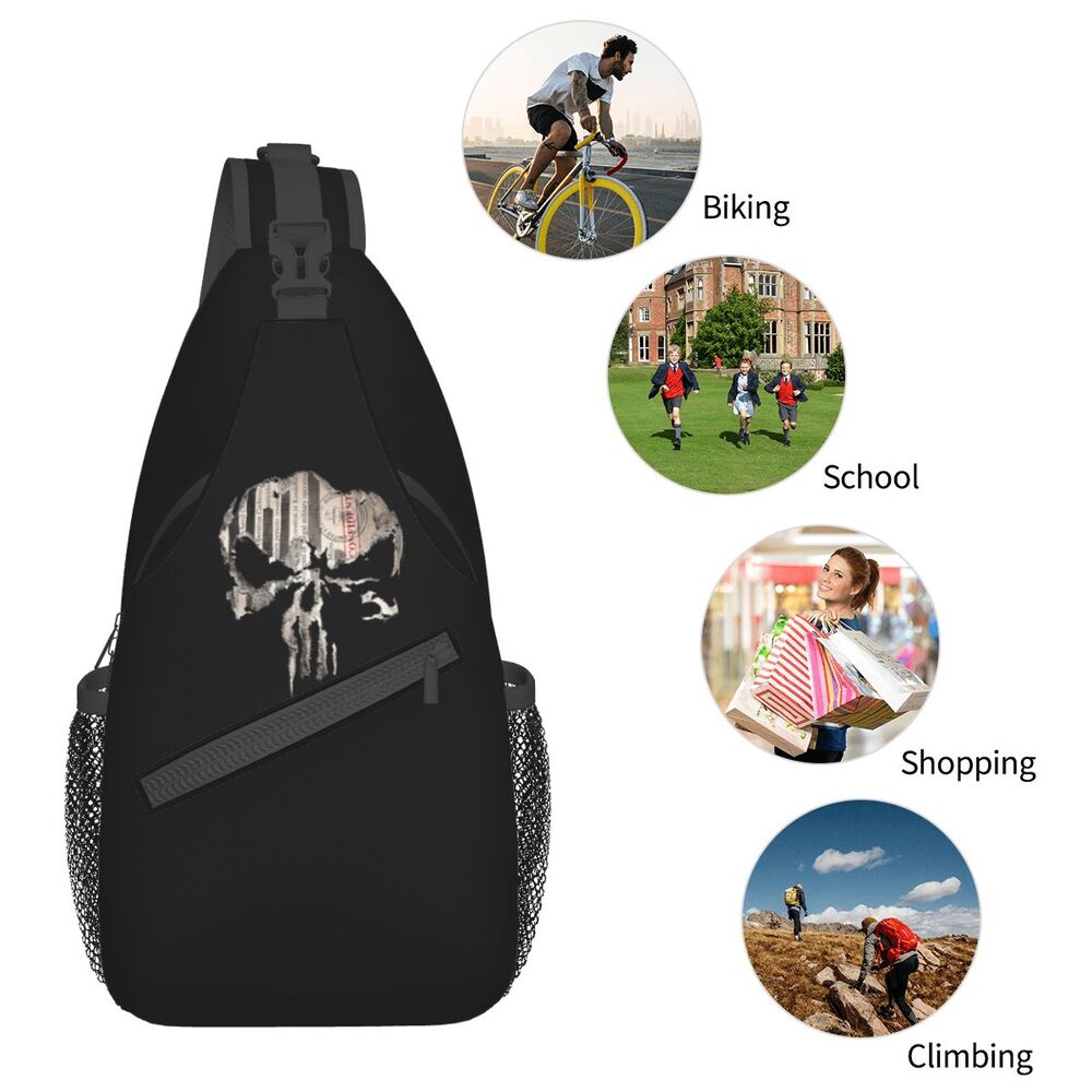 Casual Punishers Skeleton Skull Sling Crossbody Backpack Men Shoulder Chest Bags for Camping Biking