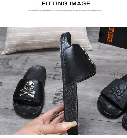 New Arrival Women Genuine Leather Skull Slippers Men's Solid Flat Non-slip Rubber Soles Metal Skull Slides Unisex