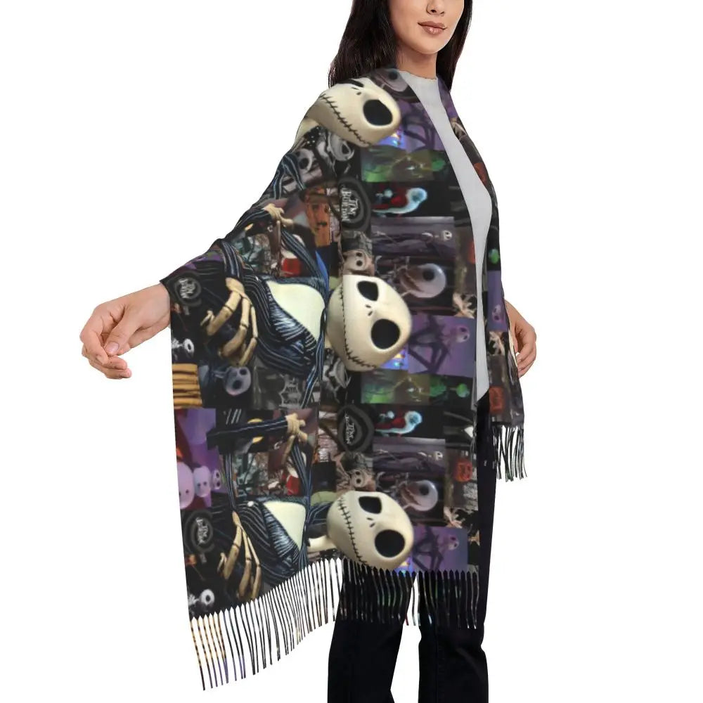 Custom Jack Skellington Sally Tassel Scarf Women Winter Fall Warm Shawls Wraps Ladies The Nightmare Before Christmas Scarves