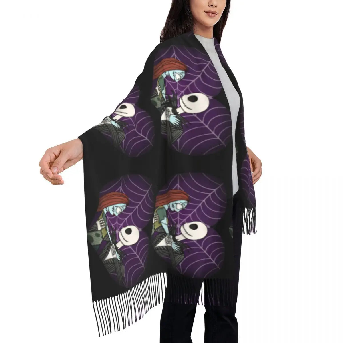 Custom Jack Skellington Sally Tassel Scarf Women Winter Fall Warm Shawls Wraps Ladies The Nightmare Before Christmas Scarves