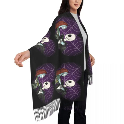 Custom Jack Skellington Sally Tassel Scarf Women Winter Fall Warm Shawls Wraps Ladies The Nightmare Before Christmas Scarves