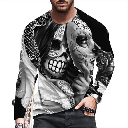 Halloween New Terrifying Skull Graphic T Shirts Extra Large Long Sleeve Round Neck T-shirt Men's Clothing Clothing Streetwear