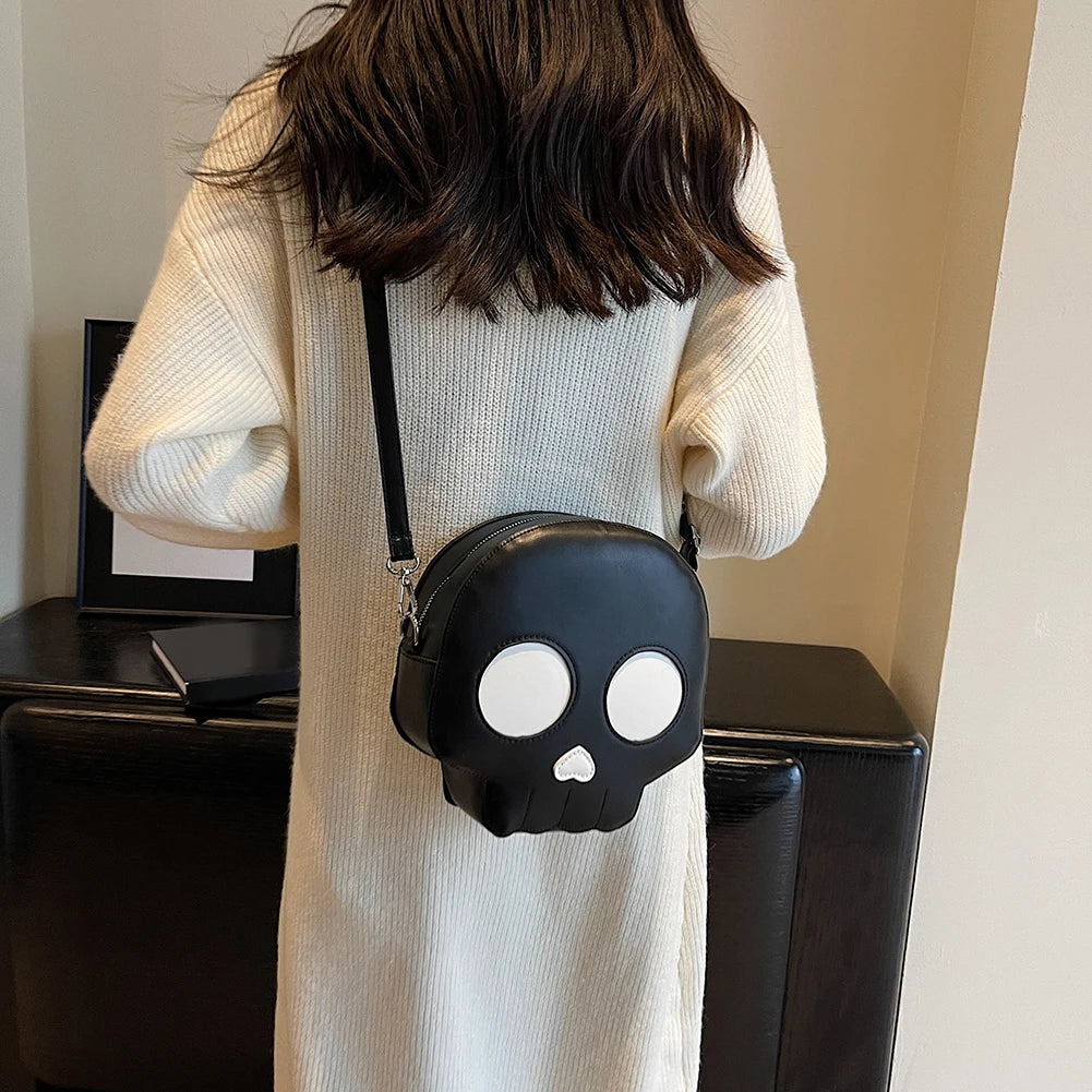 Women Leather Shoulder Bag Novelty Skull Crossbody Bag Adjustable Strap Skull Tote Bag Cartoon Versatile Halloween Shopper Bag