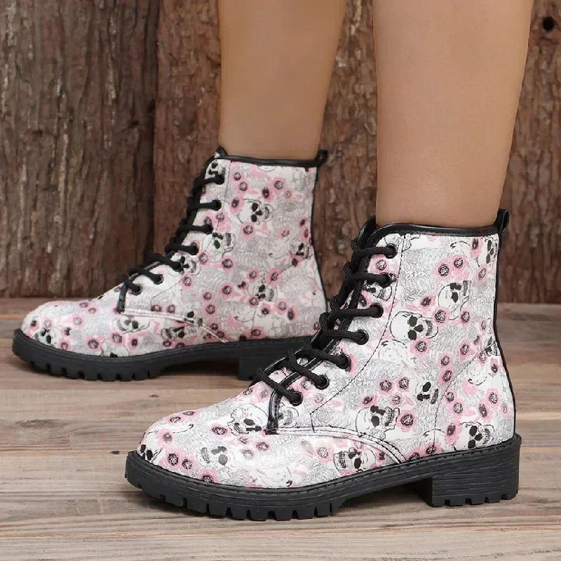 Women's Printed Short Boots Autumn/Winter New Fashion Skull Head Printed Comfortable Casual Shoes Luxury Travel Durable