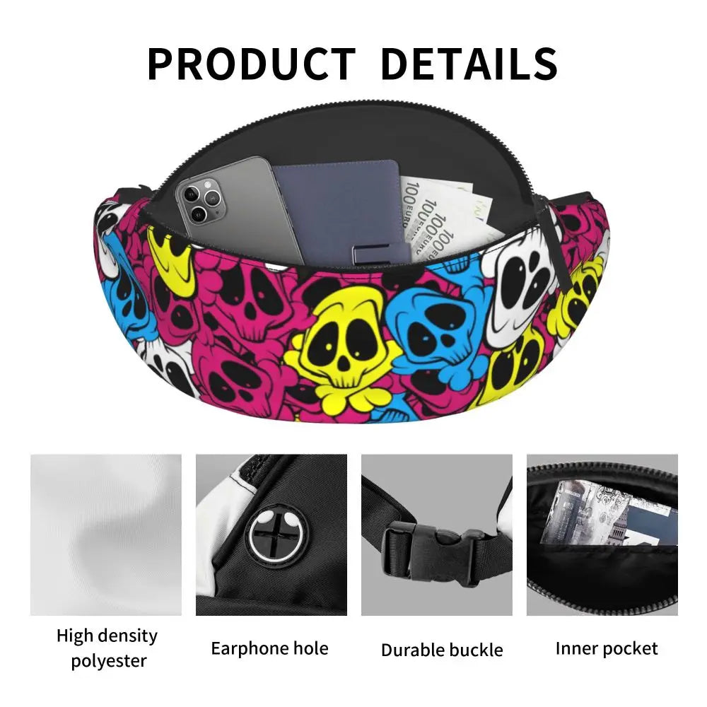 Gothic Skull Flower Fanny Pack Women Men Custom Goth Halloween Crossbody Waist Bag for Cycling Camping Phone Money Pouch