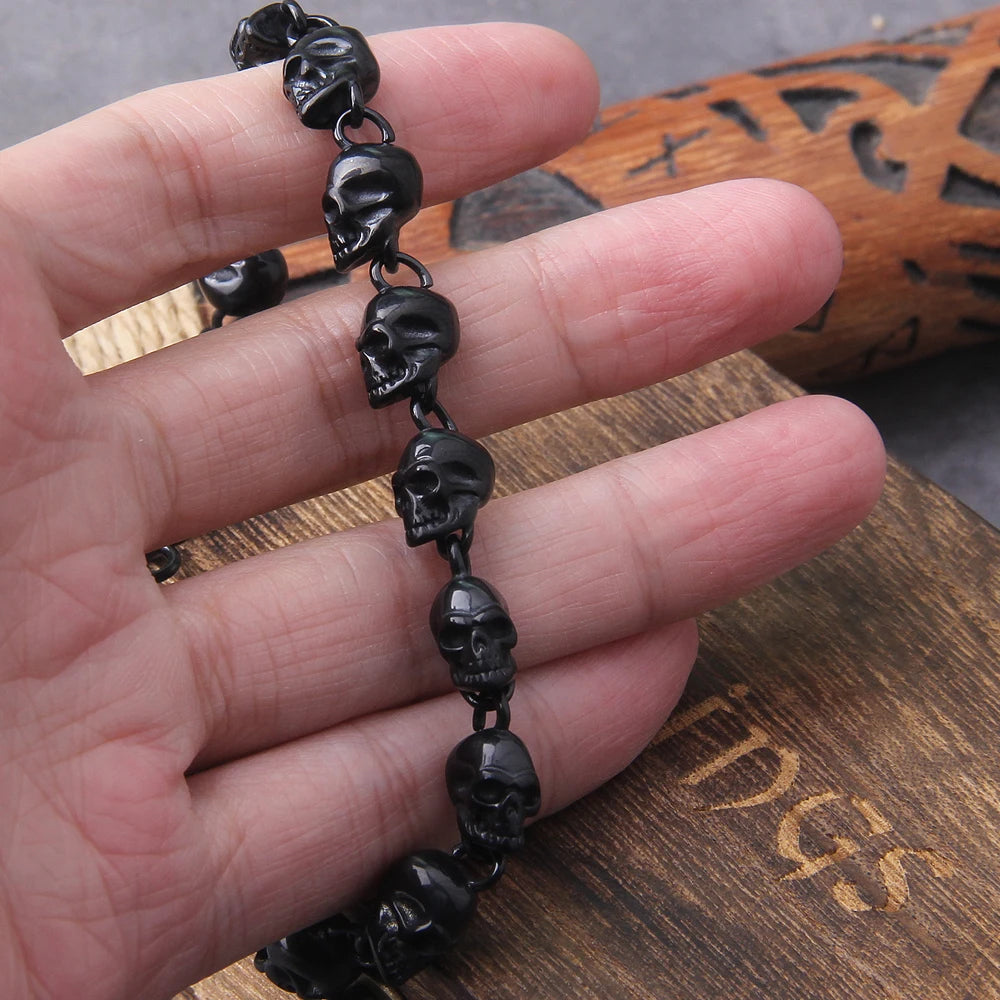 Gun Black Vintage full Stainless Steel Skull Beaded Skull Bracelet for Men Bracelets Gothic packing by wooden box as gift