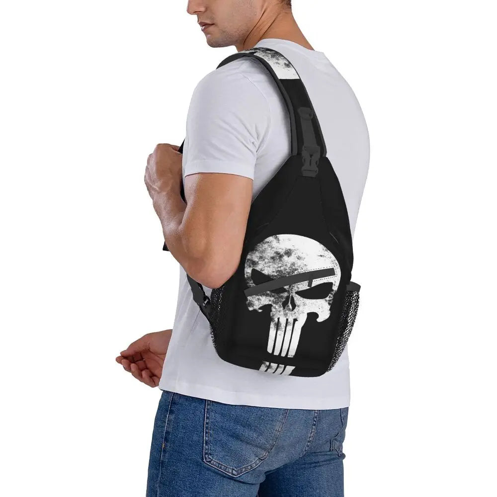 Vintage Skeleton Punishers Skull Crossbody Sling Backpack Men Custom Chest Shoulder Bag for Cycling Camping Daypack