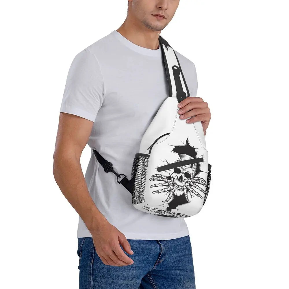 Gothic Skeleton Death Skull Sling Chest Bag Custom Crossbody Shoulder Backpack for Men Cycling Camping Daypack