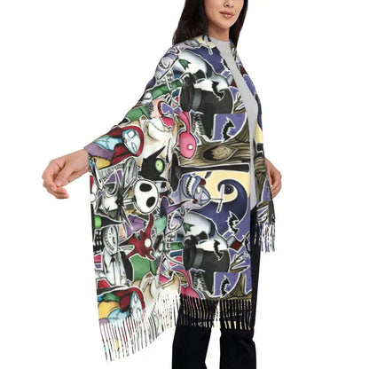 Custom Jack Skellington Sally Tassel Scarf Women Winter Fall Warm Shawls Wraps Ladies The Nightmare Before Christmas Scarves