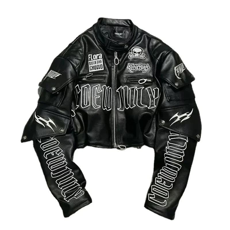 American Letter Embroidered Skull Motorcycle Style PU Leather Jacket Korean Version High Street Fashion Short Jacket