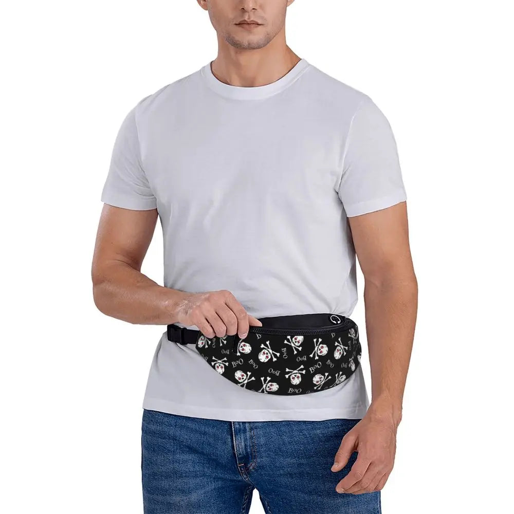 Gothic Skull Flower Fanny Pack Women Men Custom Goth Halloween Crossbody Waist Bag for Cycling Camping Phone Money Pouch