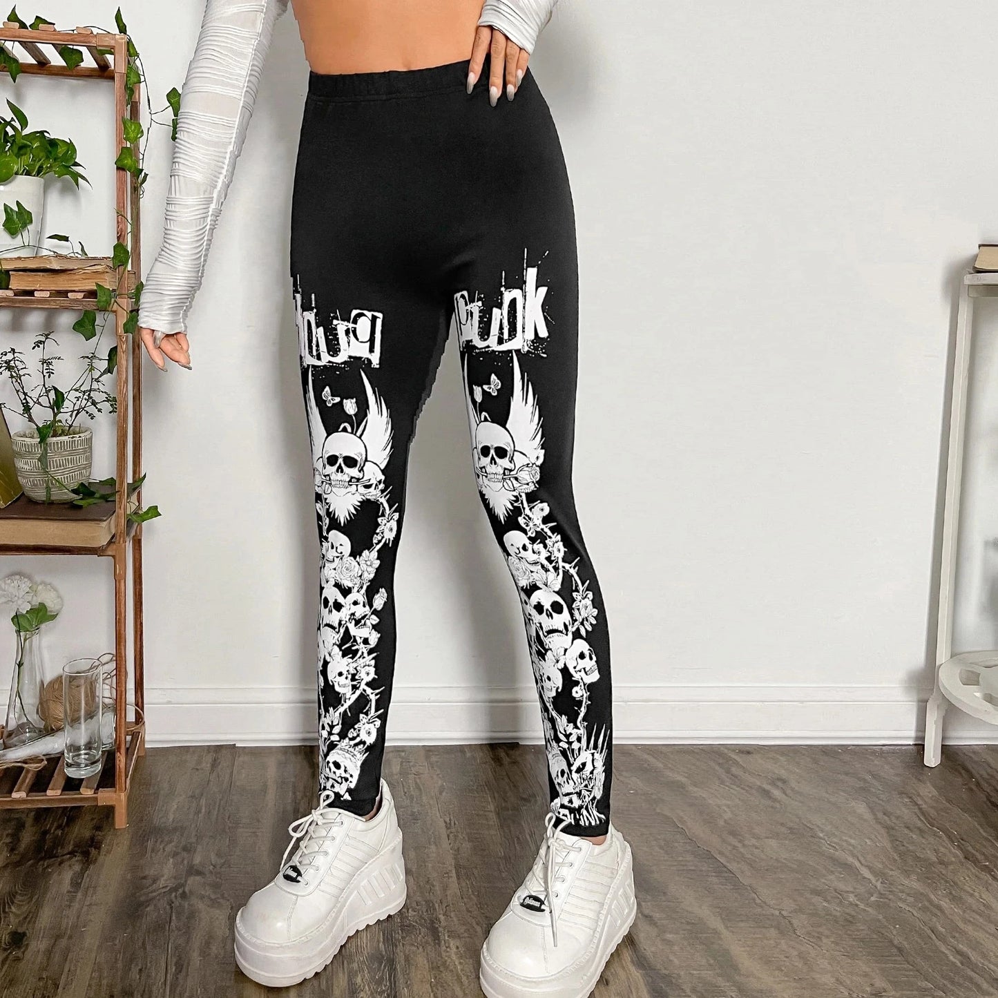 Halloween skull print tight-fitting leggings women with dark Goth style tights solid color slim-fit nine-point pants women