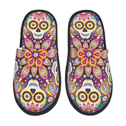 Personalized Mexican Day Of The Dead Skull Comfy Scuff Memory Foam Slippers Women Halloween Bedroom House Shoes